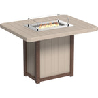 Beige outdoor fire pit table with flames on a white background