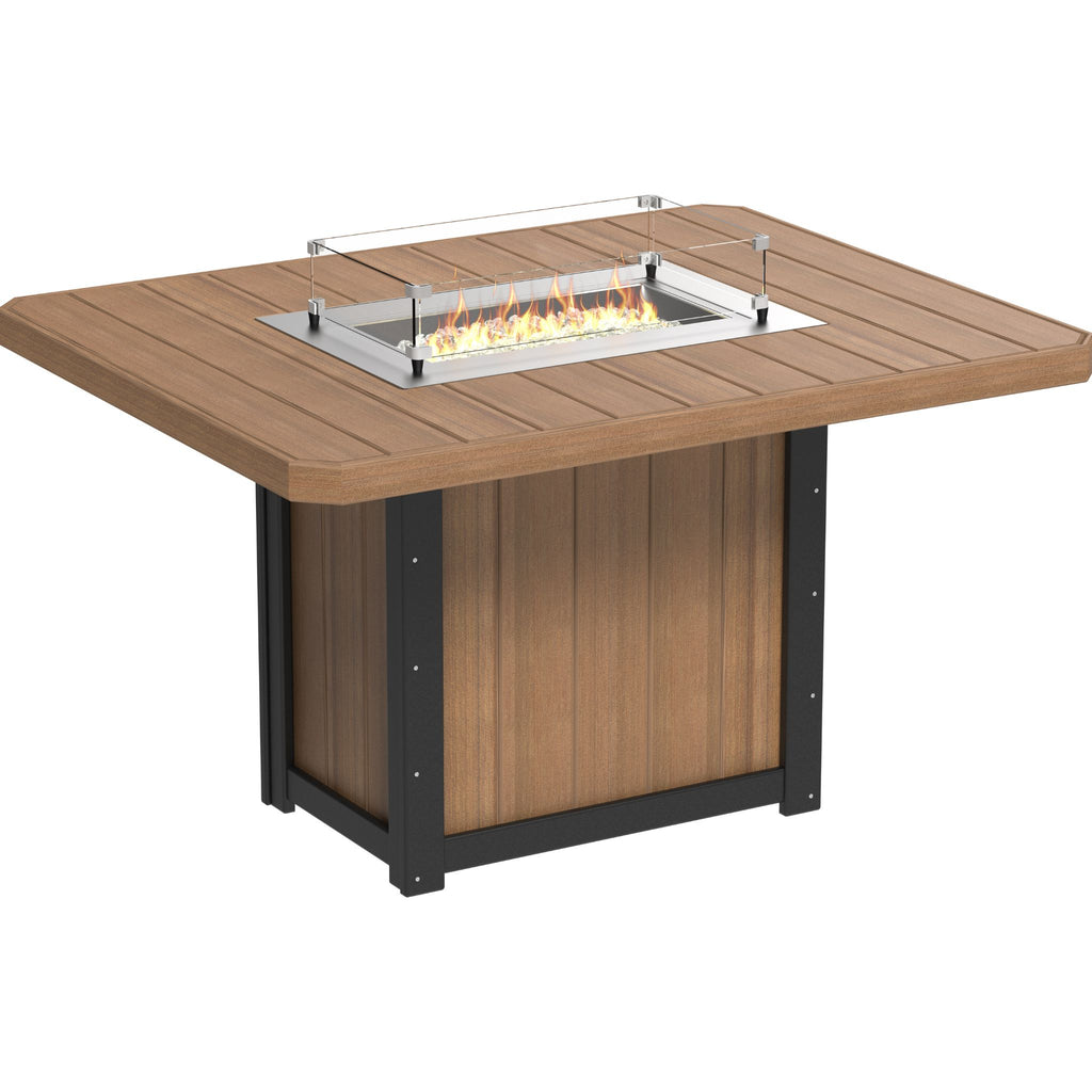 A square outdoor fire pit table with a brown wood-look slatted top, a built-in rectangular flame burner with clear guard, and a matching wood-paneled pedestal base with black metal framing, shown on a white background.