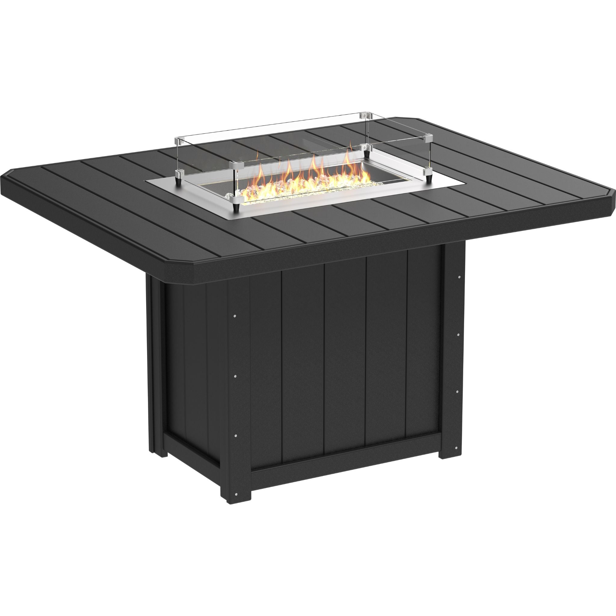 Black fire pit table with flames on a white background