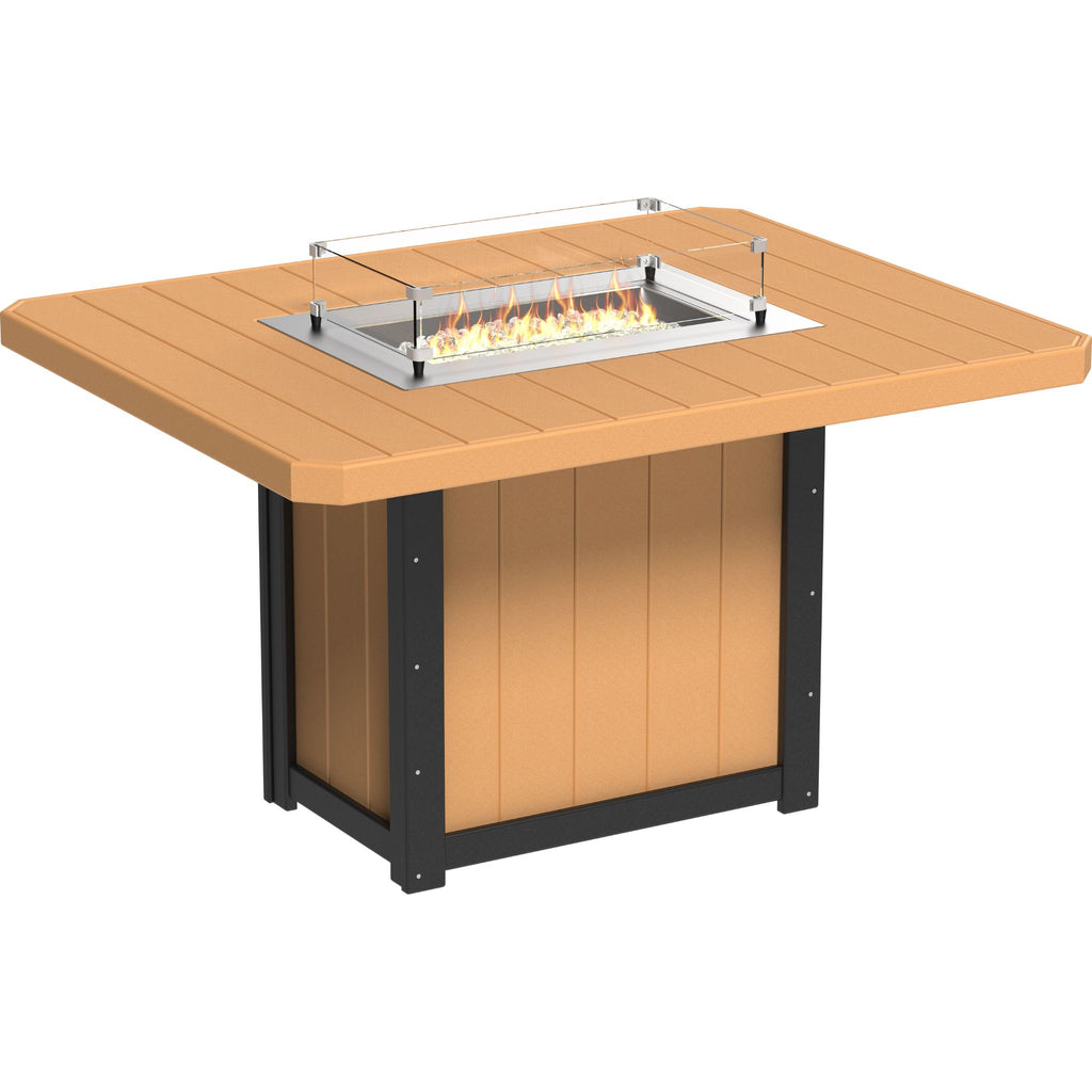 Wooden fire pit table with glass cover on a white background