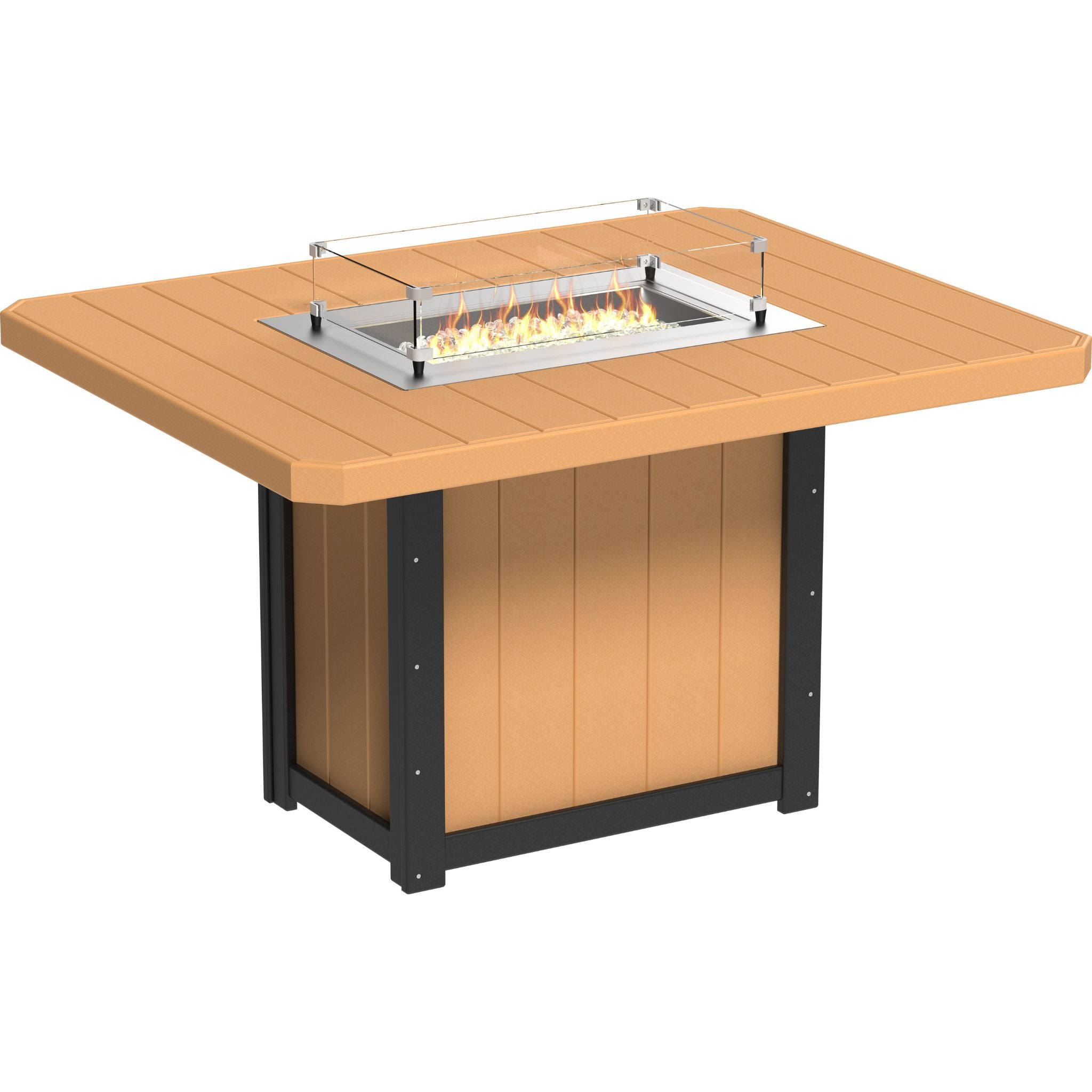 Wooden fire pit table with glass cover on a white background