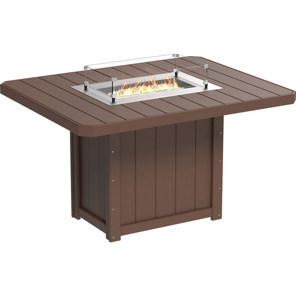 Brown outdoor fire pit table with flames on a white background