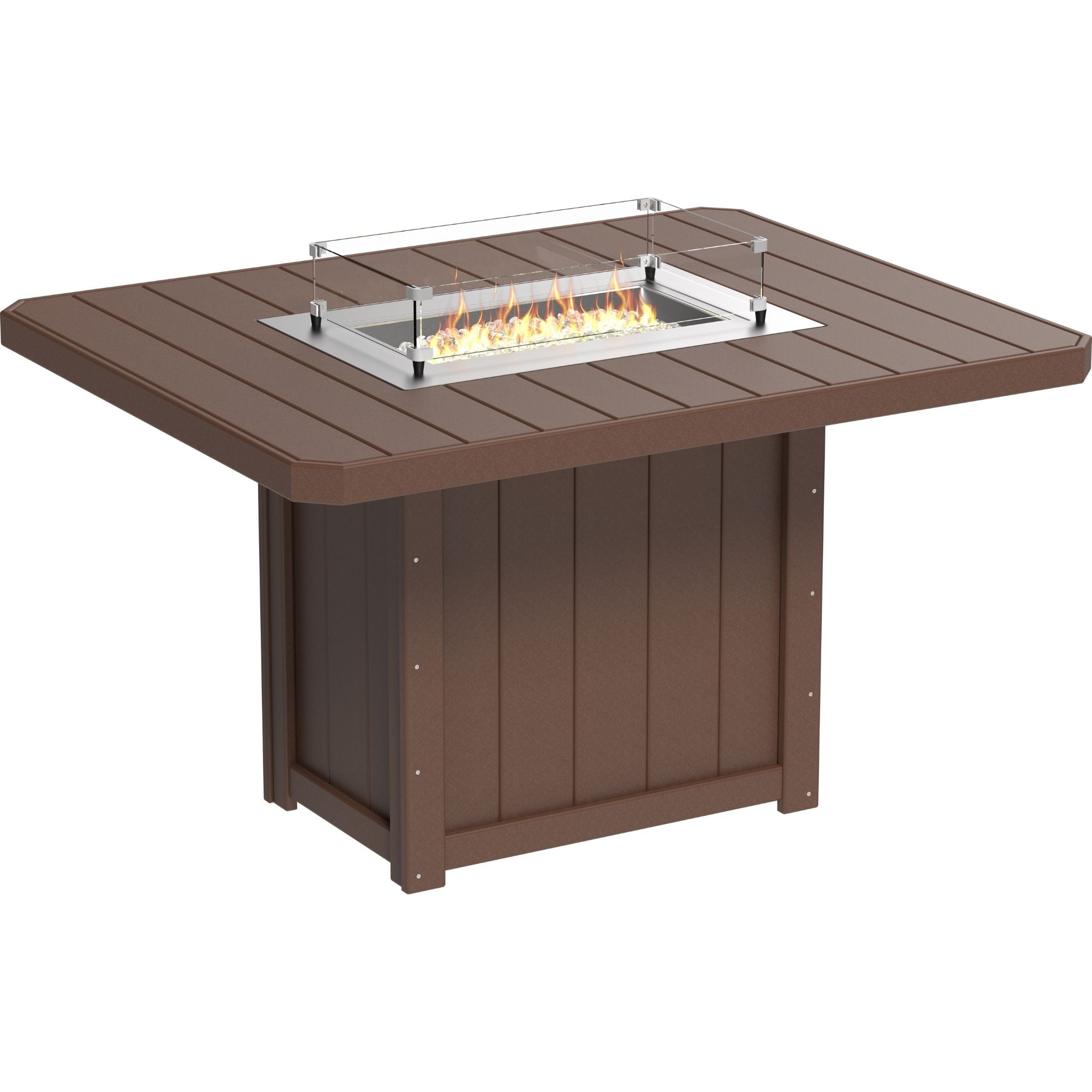 Brown outdoor fire pit table with flames on a white background