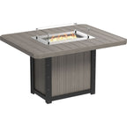 Square fire pit table with a burning fire on a white background