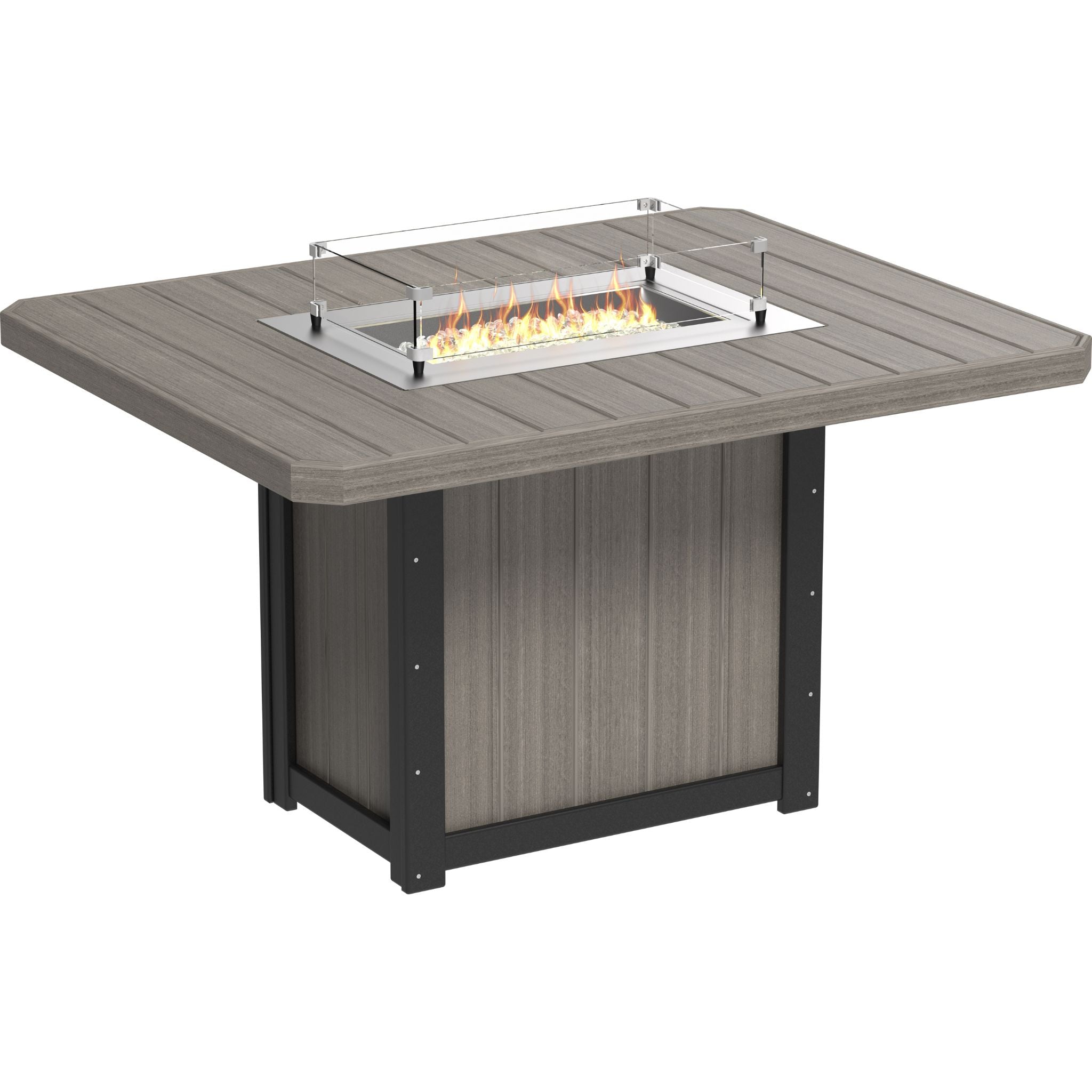 Square fire pit table with a burning fire on a white background