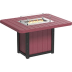 A square outdoor fire pit table with a burgundy-red slatted top and matching side panels, a black metal frame, and a stainless steel firebox insert with visible flames. The table is shown on a plain white background.