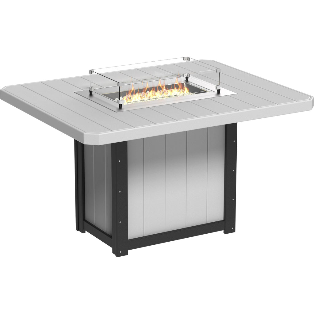 Outdoor fire pit table with a white top and black base on a white background