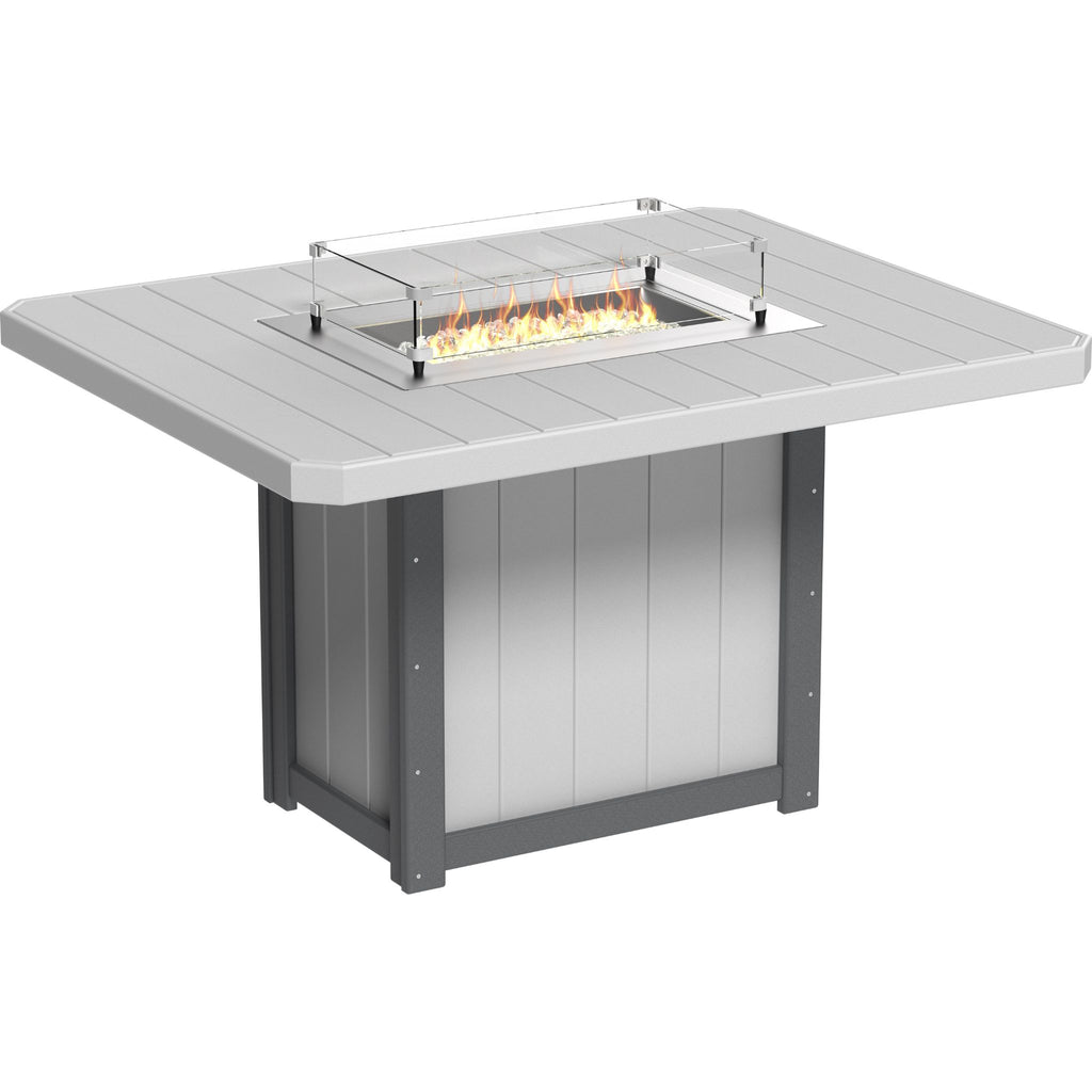 Outdoor fire pit table with a light gray top and dark gray base on a white background