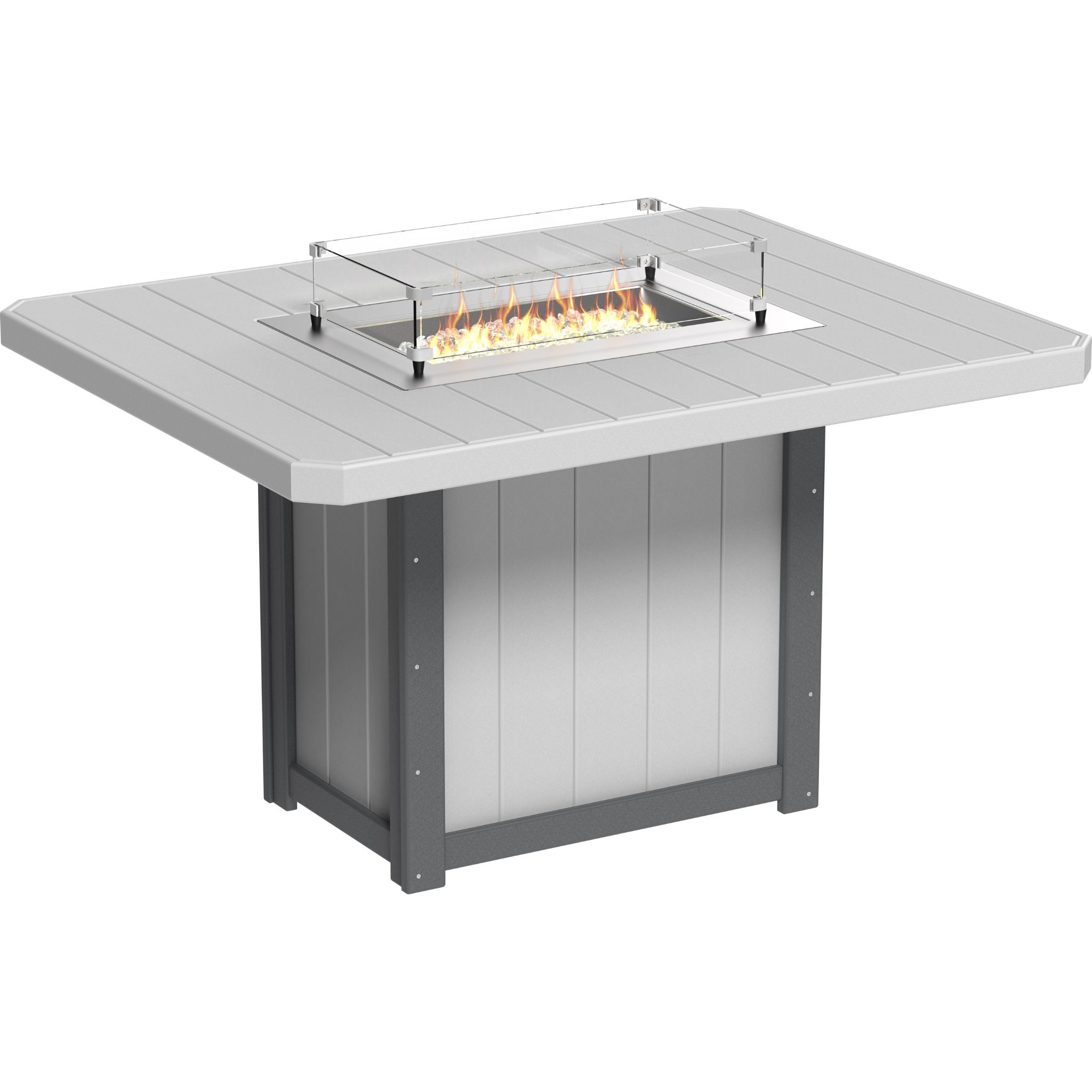 Outdoor fire pit table with a light gray top and dark gray base on a white background