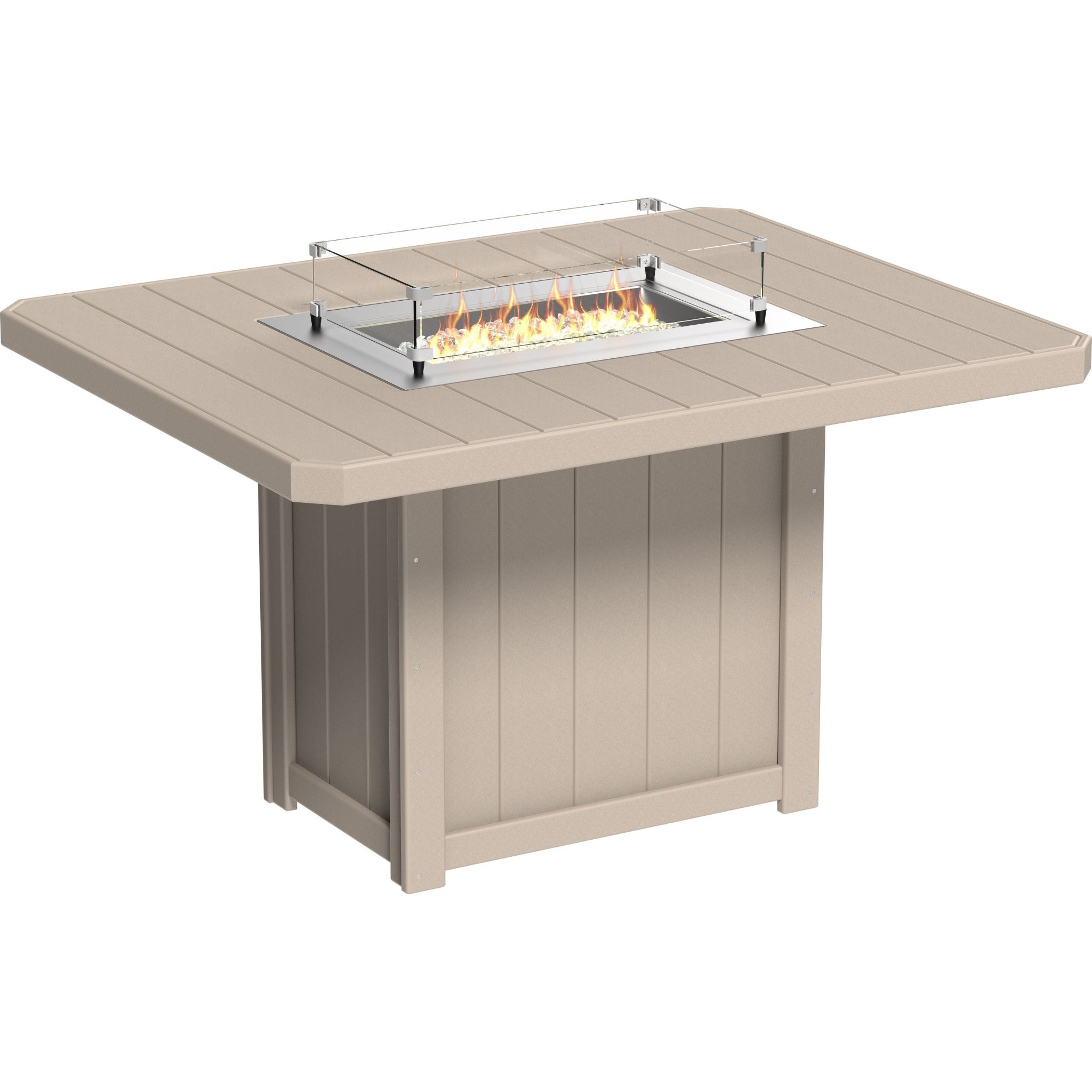 Beige outdoor fire pit table with flames on a white background