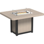 Square outdoor fire table with beige top and black base on a white background
