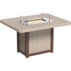 Outdoor fire pit table with a square slatted top in beige, a brown frame, a built-in flame burner, and clear glass wind guards, shown on a white background.