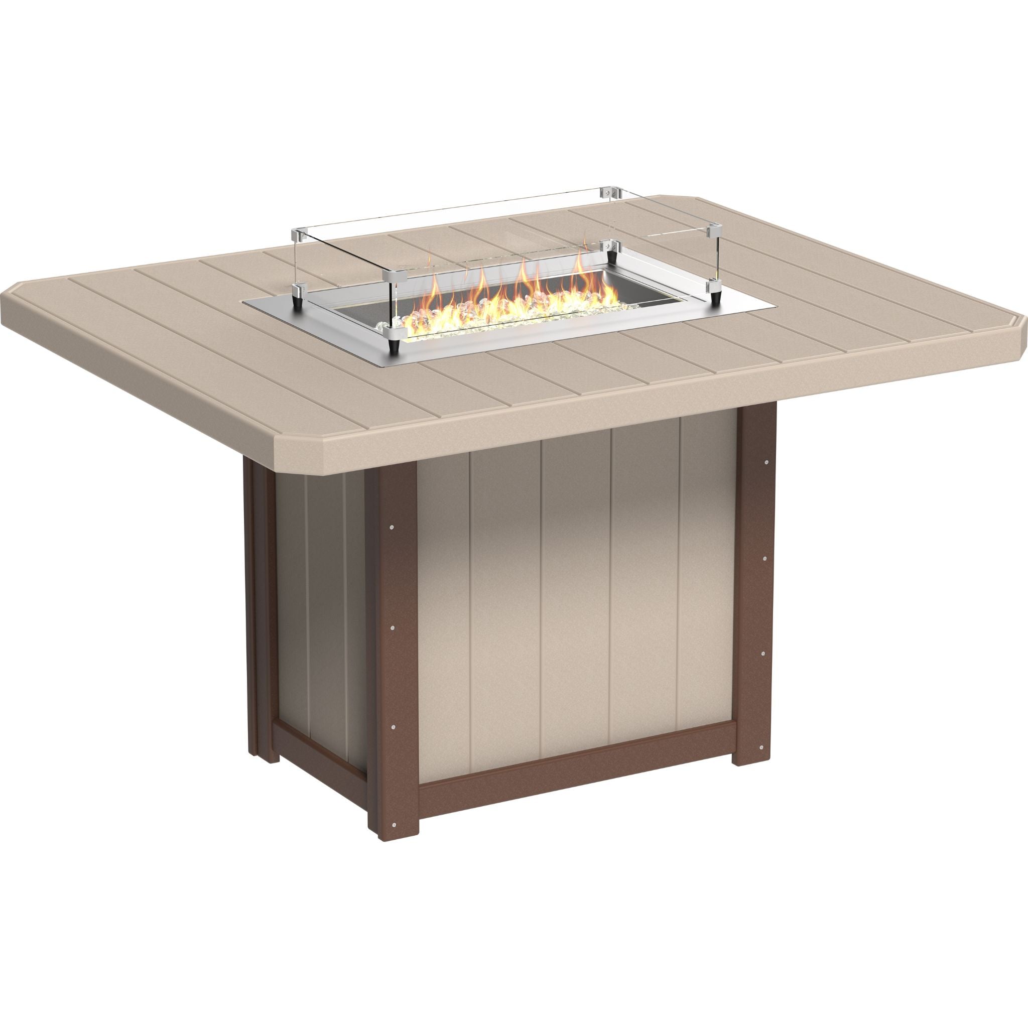 Outdoor fire pit table with a square slatted top in beige, a brown frame, a built-in flame burner, and clear glass wind guards, shown on a white background.