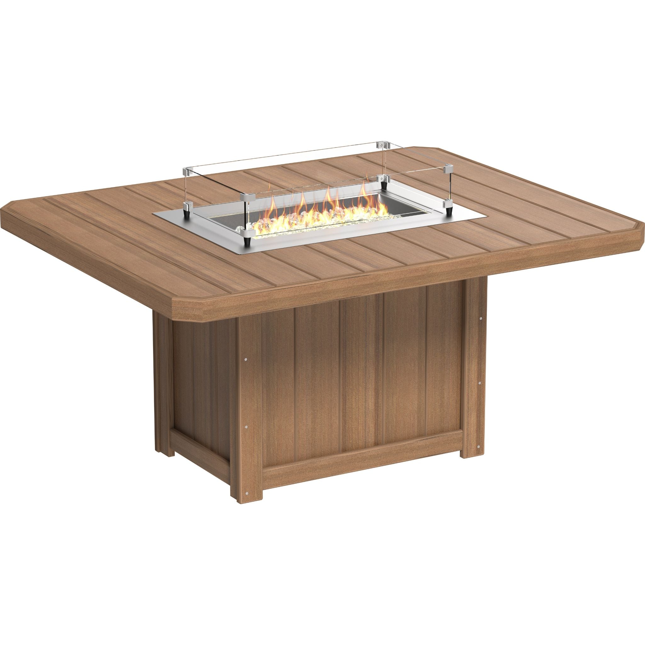 Wooden fire pit table with flames on a white background