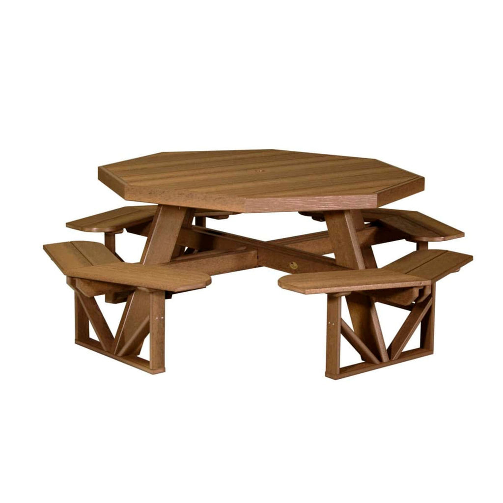 A brown wooden octagonal picnic table with integrated benches, shown on a plain white background.