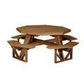 A brown wooden octagonal picnic table with integrated benches, shown on a plain white background.