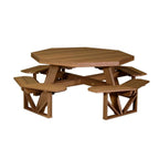 A brown wooden octagonal picnic table with integrated benches, shown on a plain white background.