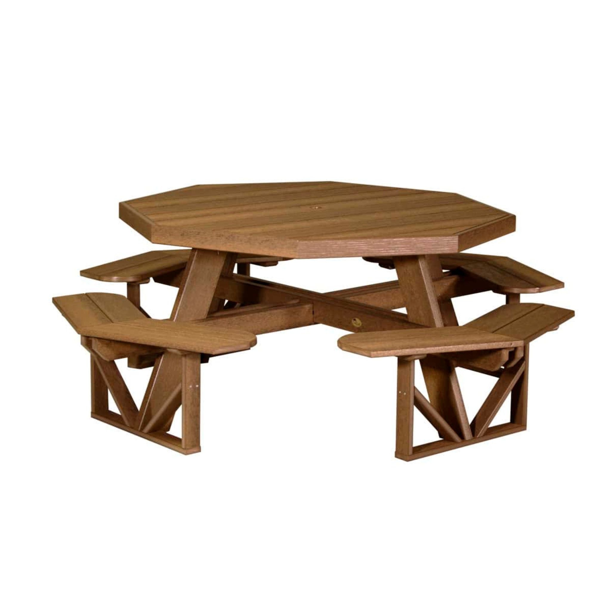 A brown wooden octagonal picnic table with integrated benches, shown on a plain white background.