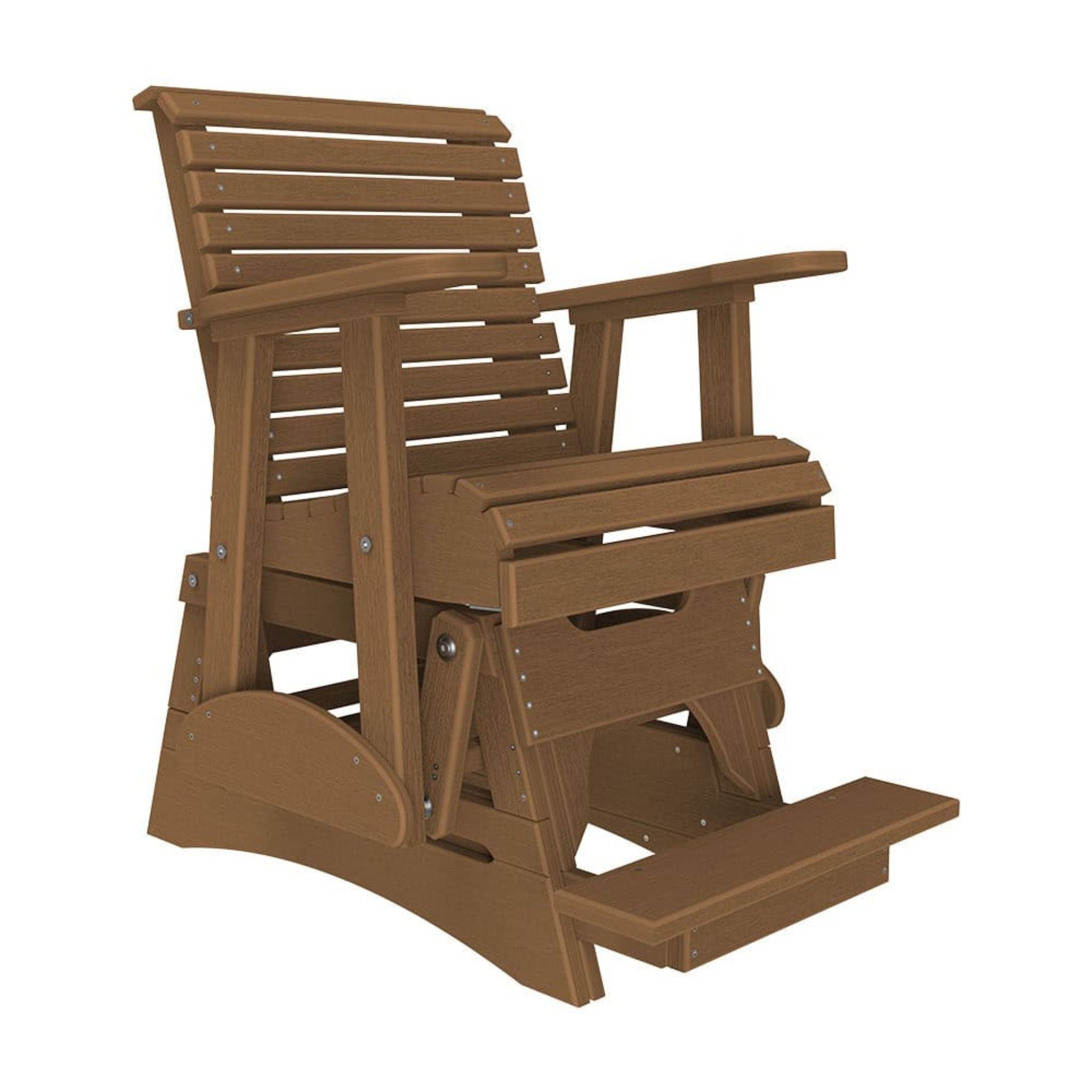 Brown wooden chair with slatted design on a white background
