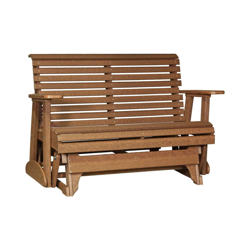 A wooden outdoor glider bench with a slatted backrest and armrests, shown on a plain white background.