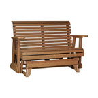 A wooden outdoor glider bench with a slatted backrest and armrests, shown on a plain white background.