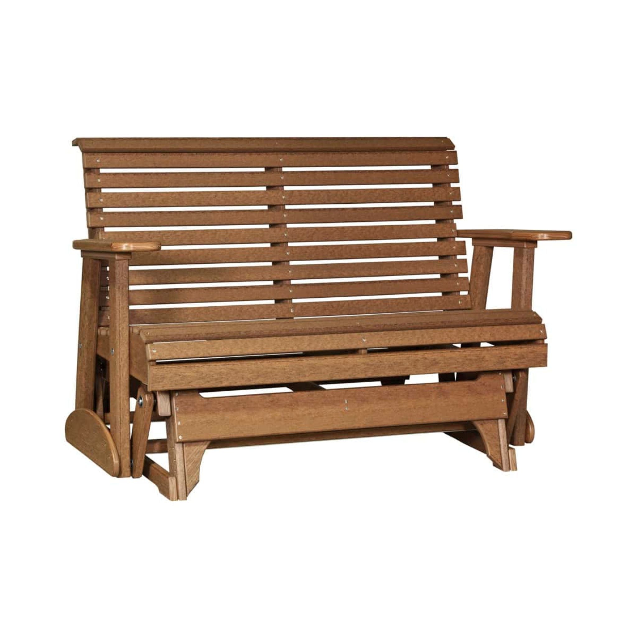 A wooden outdoor glider bench with a slatted backrest and armrests, shown on a plain white background.