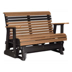 Wooden bench with brown slats and black frames on a white background