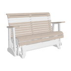 A two-tone outdoor glider bench with light beige wood-look slats on the seat and backrest, and a white frame and armrests, shown on a plain white background.