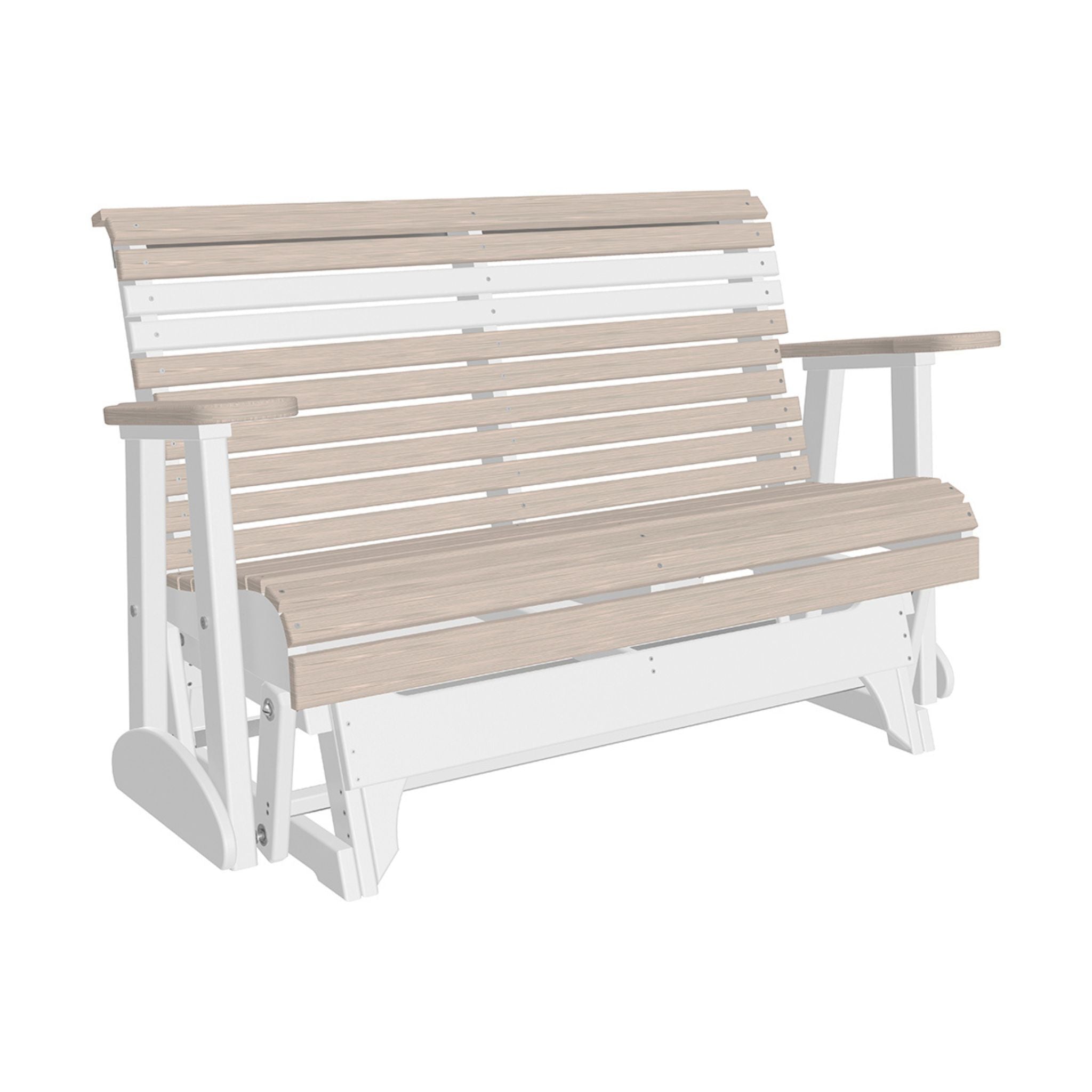 A two-tone outdoor glider bench with light beige wood-look slats on the seat and backrest, and a white frame and armrests, shown on a plain white background.