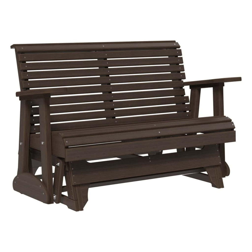 A dark brown slatted porch swing bench with armrests, shown on a plain white background.