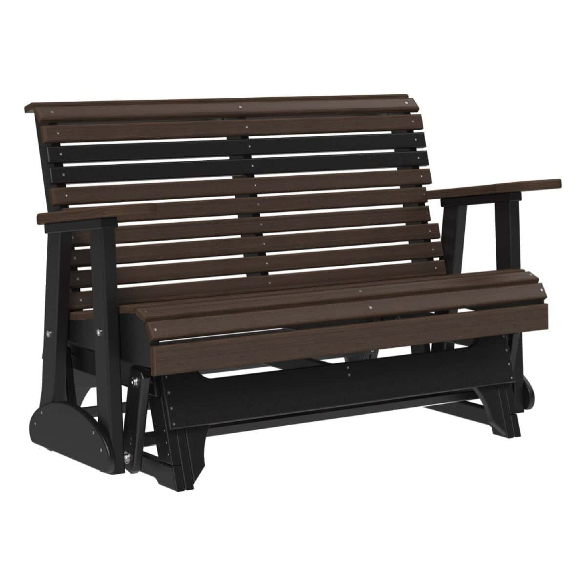 Brown wooden bench with slatted design on a white background