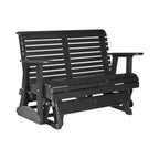 A black slatted outdoor glider bench with wide armrests and a sturdy rocking base, shown on a plain white background.