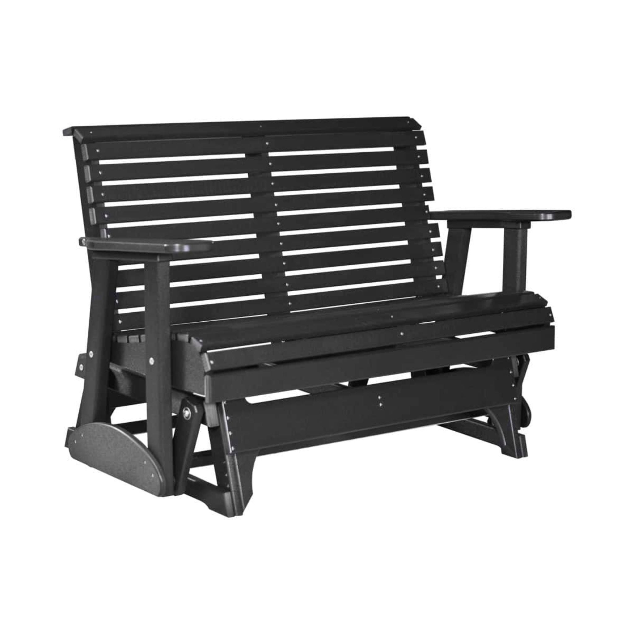A black slatted outdoor glider bench with wide armrests and a sturdy rocking base, shown on a plain white background.