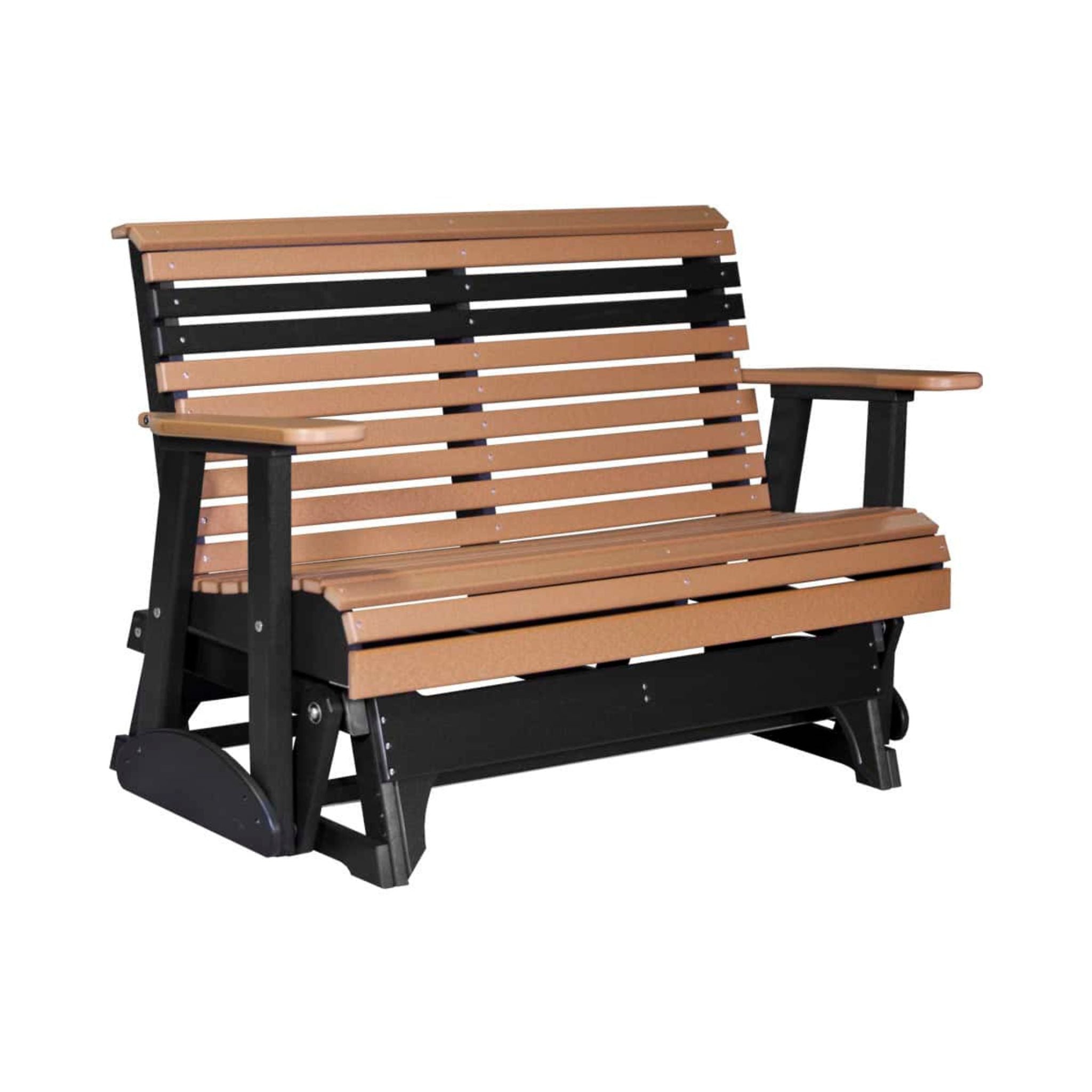 A two-person outdoor glider bench with a brown slatted seat and backrest, supported by a black metal frame, shown on a plain white background.