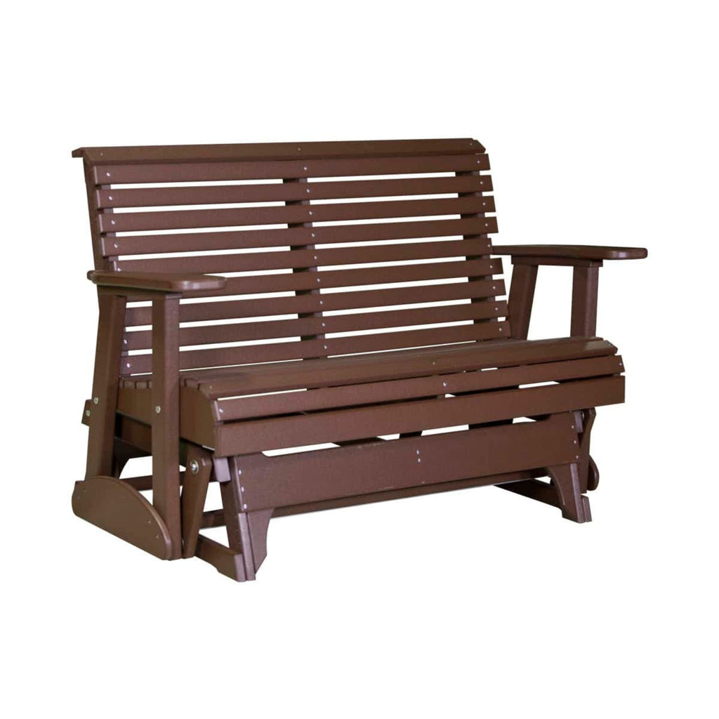 A brown slatted wooden porch swing or glider bench with armrests, shown on a plain white background.