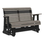 Two-seater outdoor bench with gray slats and black frame on a white background