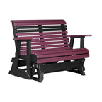 A two-tone outdoor glider bench with burgundy-purple slats and a black frame, shown on a plain white background.