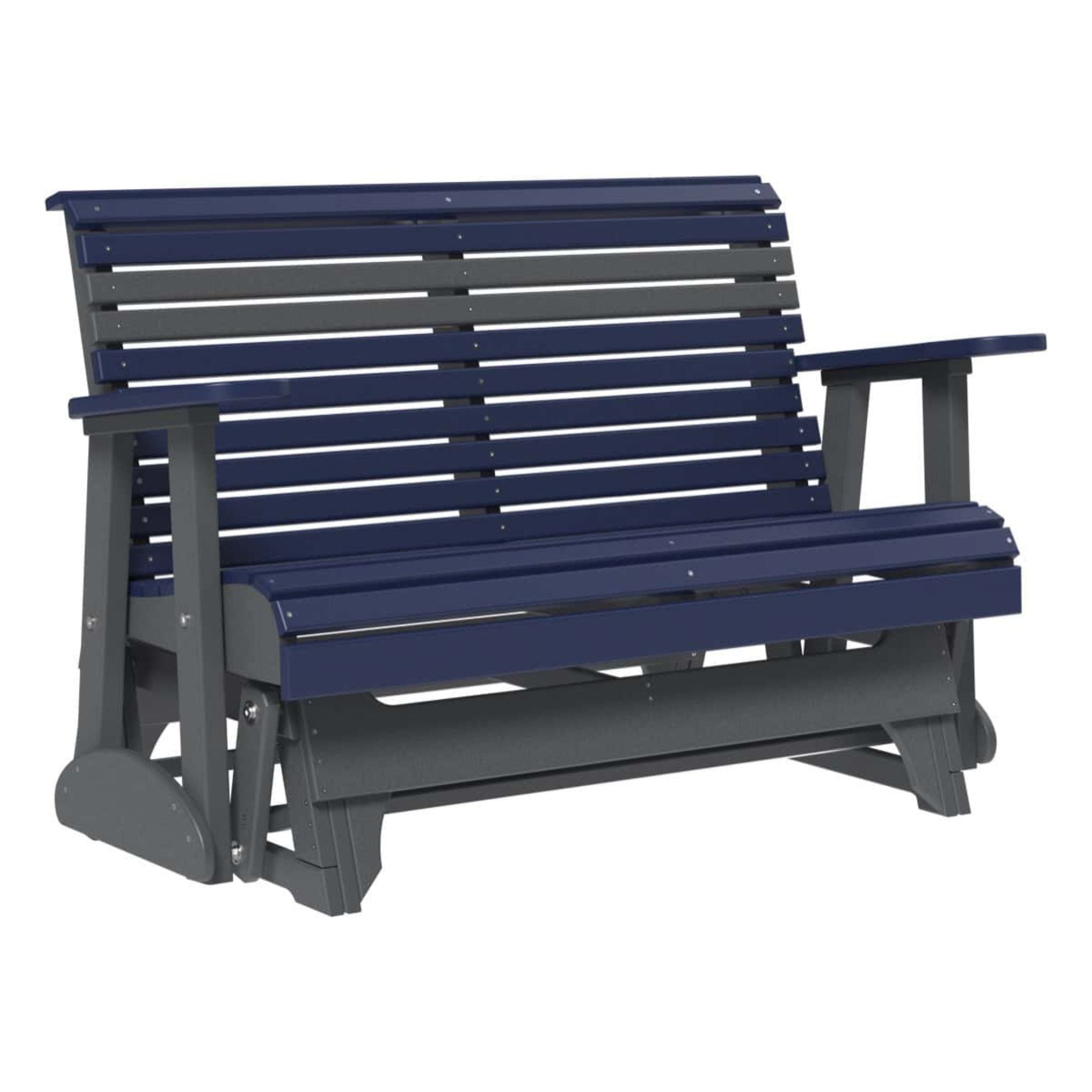 A navy blue and dark gray slatted porch swing bench on a plain white background.