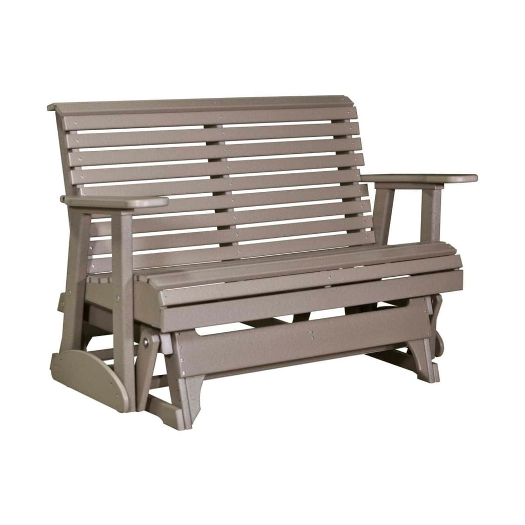 A taupe brown slatted outdoor bench with armrests and a gliding base, shown on a plain white background.