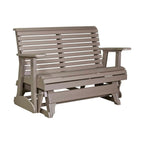 A taupe brown slatted outdoor bench with armrests and a gliding base, shown on a plain white background.