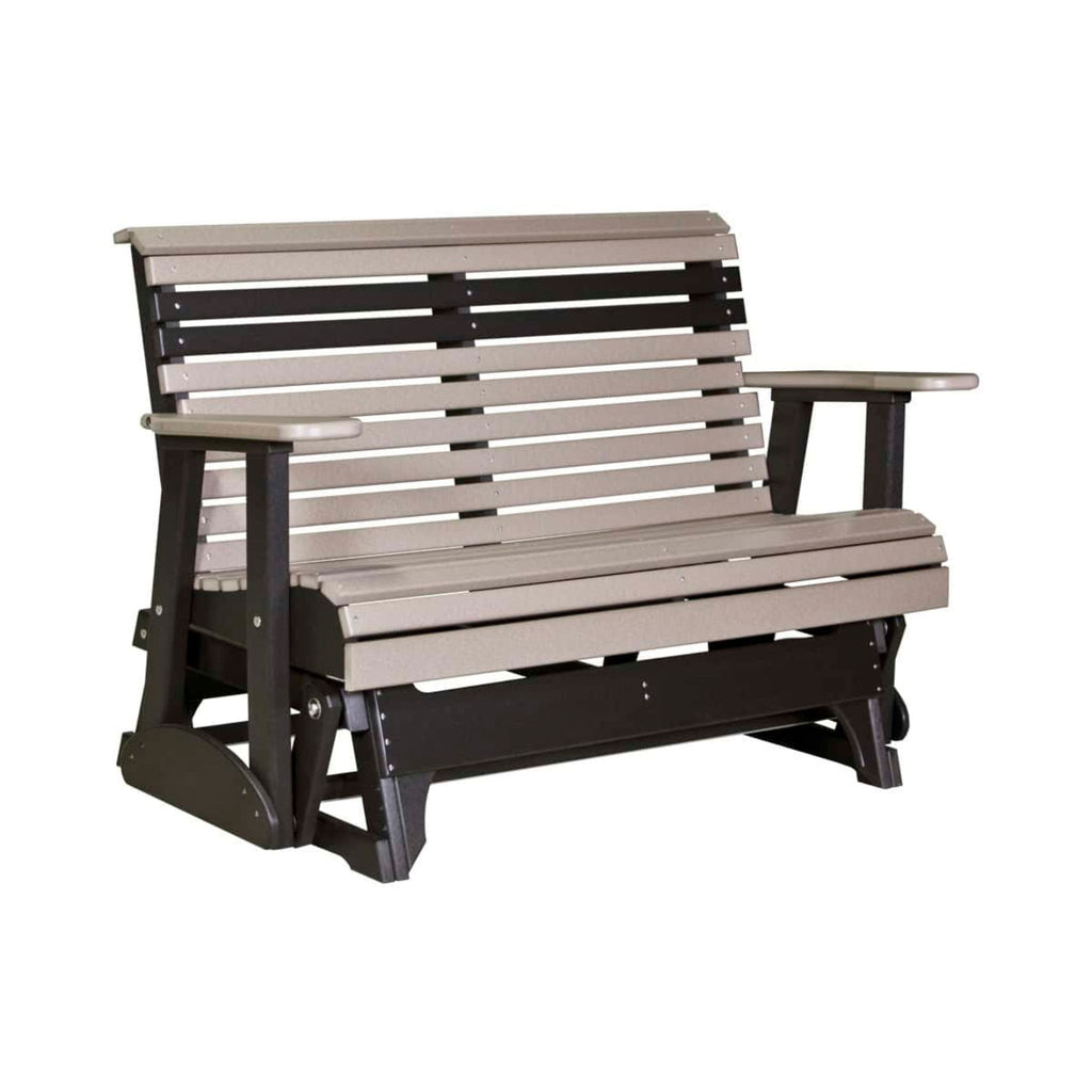 A two-tone outdoor bench glider made of composite lumber, featuring light taupe-gray slatted seats and backrest with a dark brown wooden base and frame.