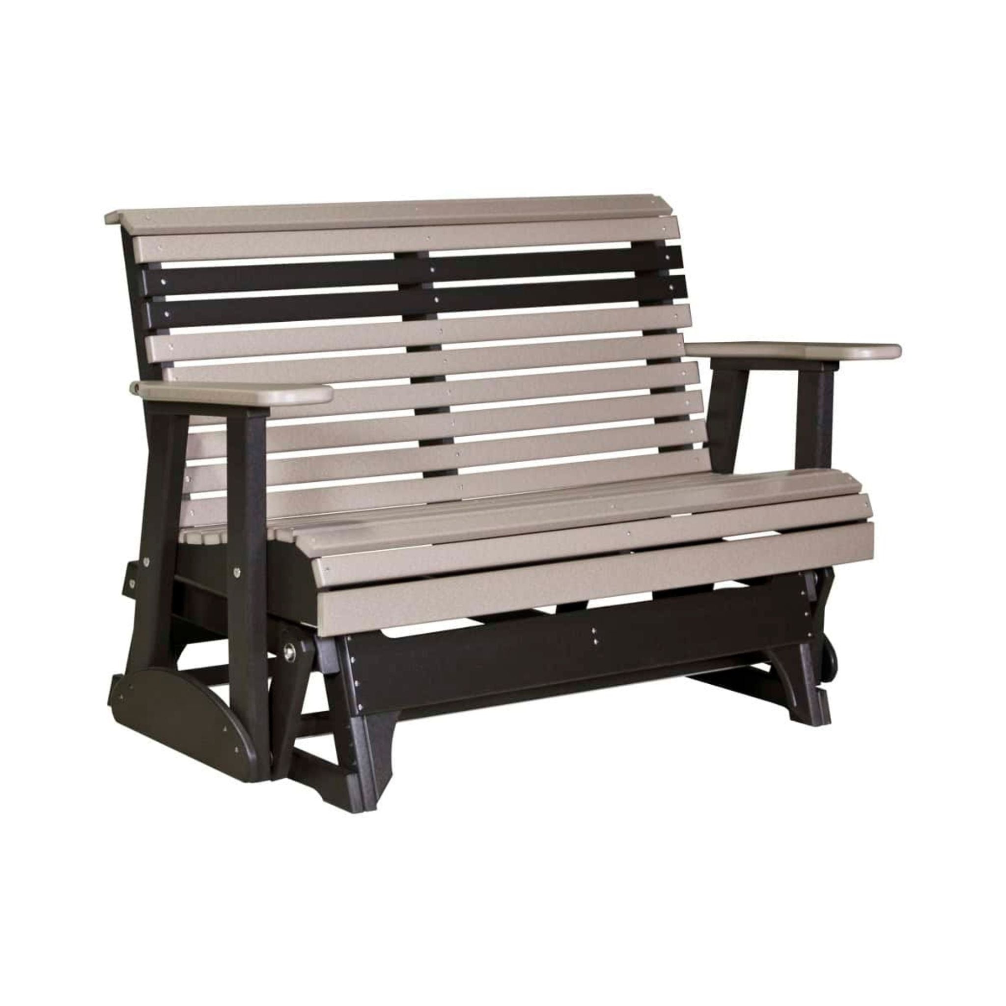 A two-tone outdoor bench glider made of composite lumber, featuring light taupe-gray slatted seats and backrest with a dark brown wooden base and frame.