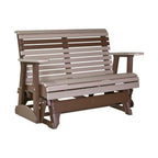 Two-seater wooden bench with a slatted design on a white background