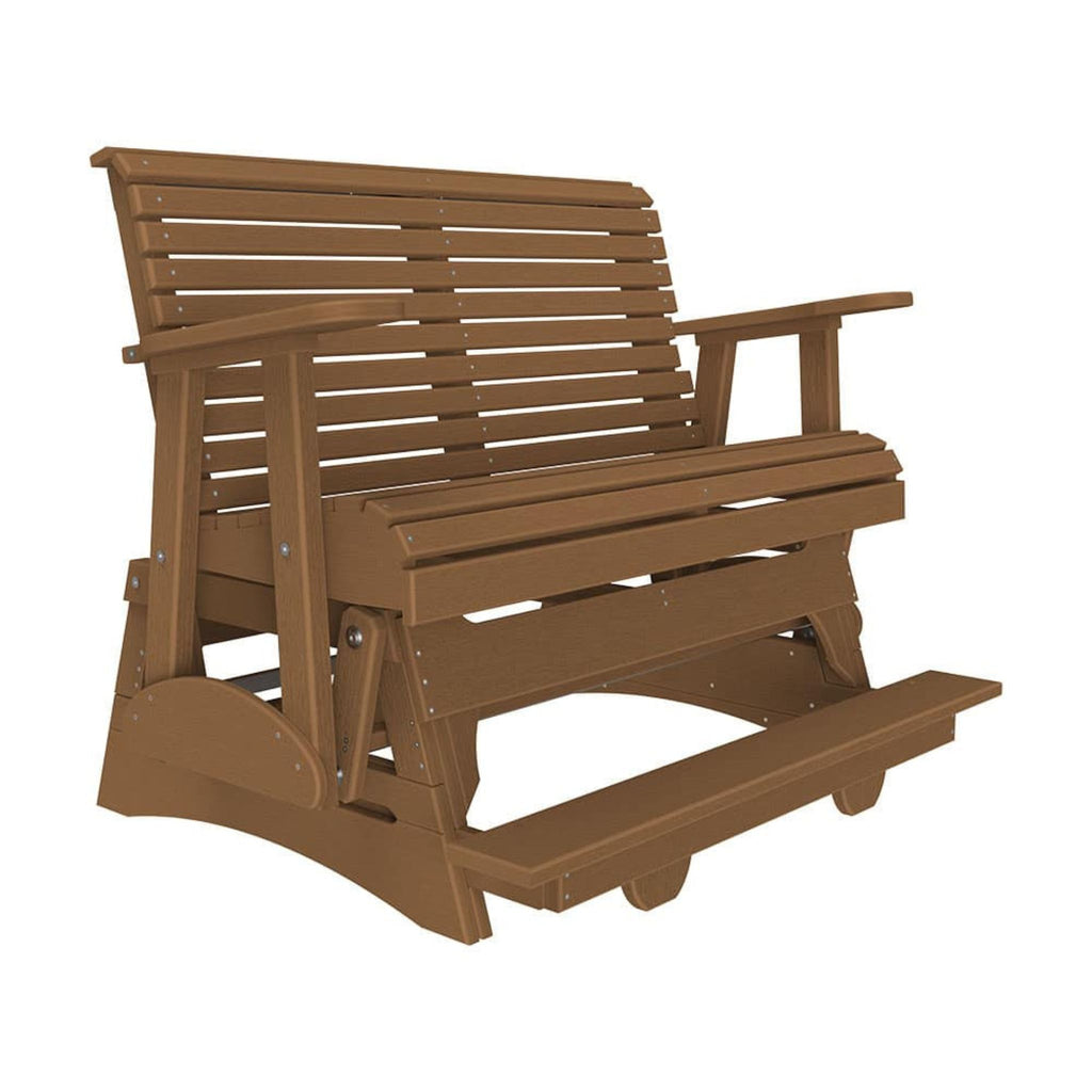 Brown wooden bench with slatted design on a white background