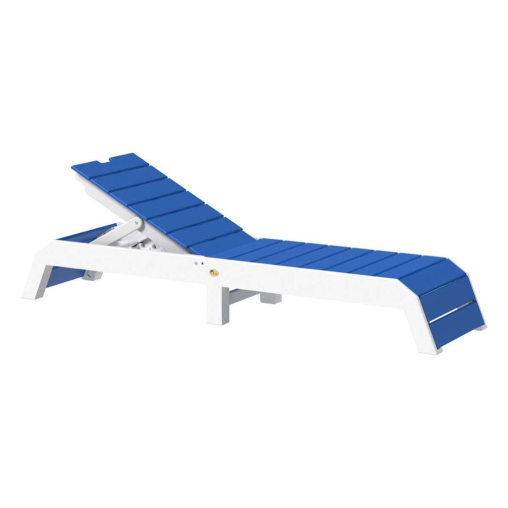Blue and white adjustable lounge chair on a white background