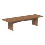 A long rectangular outdoor bench with a curved front, featuring a brown wood-look slatted top and matching vertical support legs, shown on a plain white background.