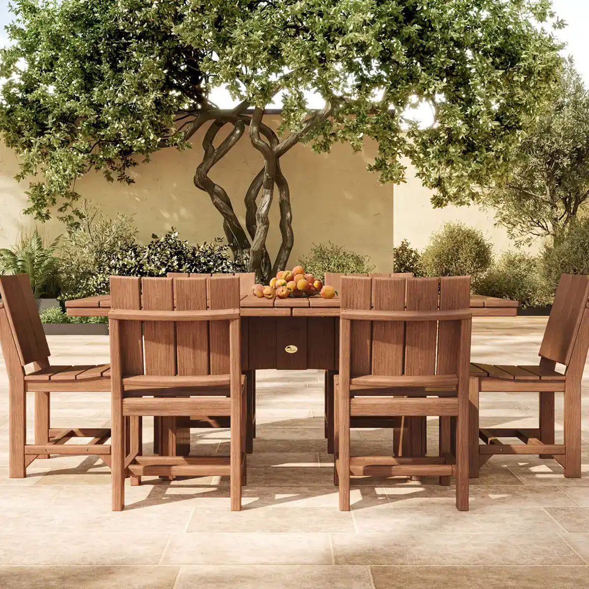 Wooden outdoor dining set with table and chairs under a tree