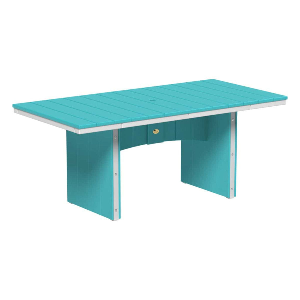 A turquoise outdoor dining table with a slatted top, solid support legs, and silver metal corner brackets, shown on a plain white background.