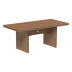 A rectangular wooden conference table with a medium brown finish, featuring a small central drawer with a gold pull handle, set against a plain white background.