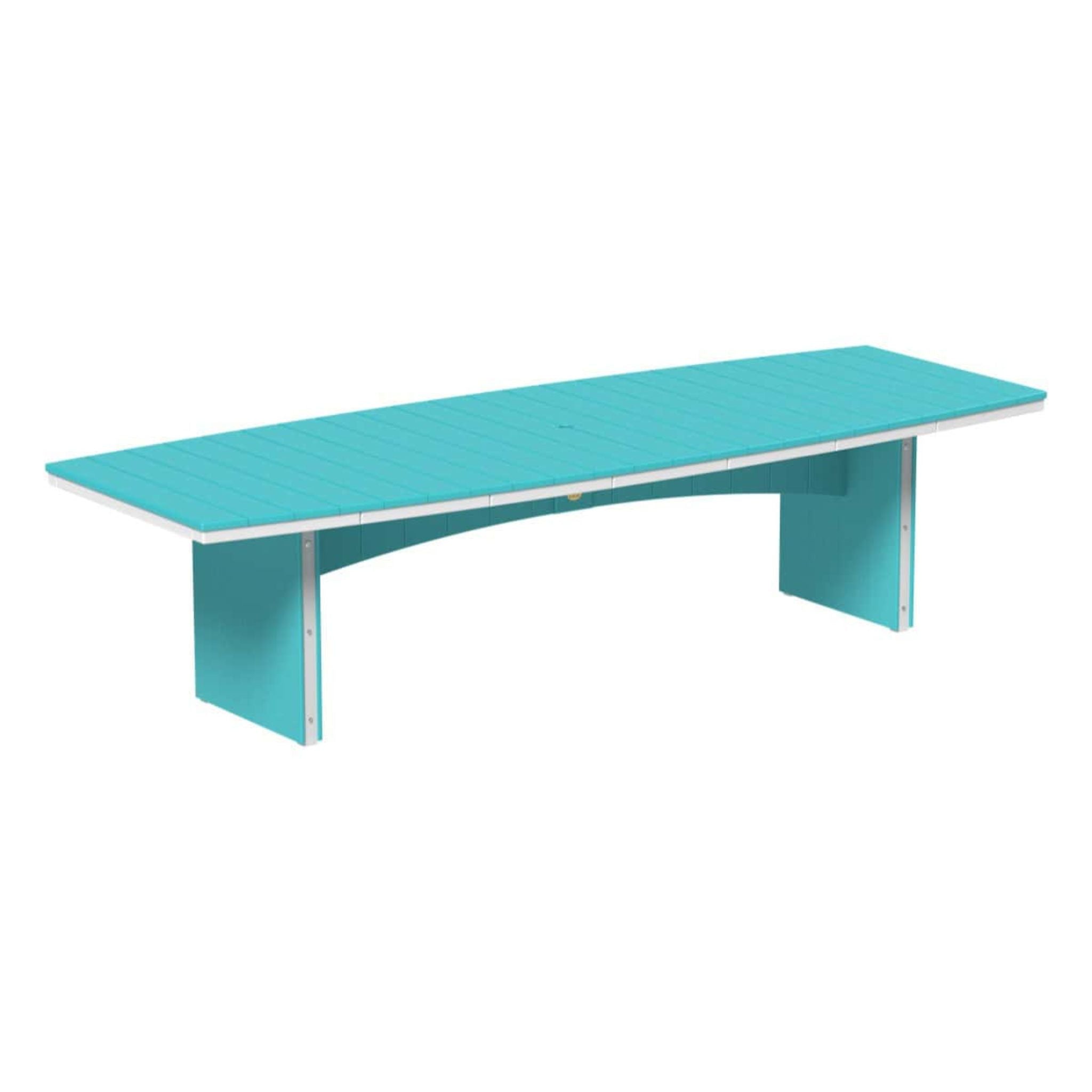 A modern outdoor dining table with a turquoise blue slatted top and matching block-style legs, shown on a plain white background.
